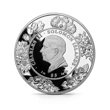 Монета "Пион", 2025 г., Серебро, 62,2 гр., проба 999, СОЛОМОНОВЫ ОСТРОВА
